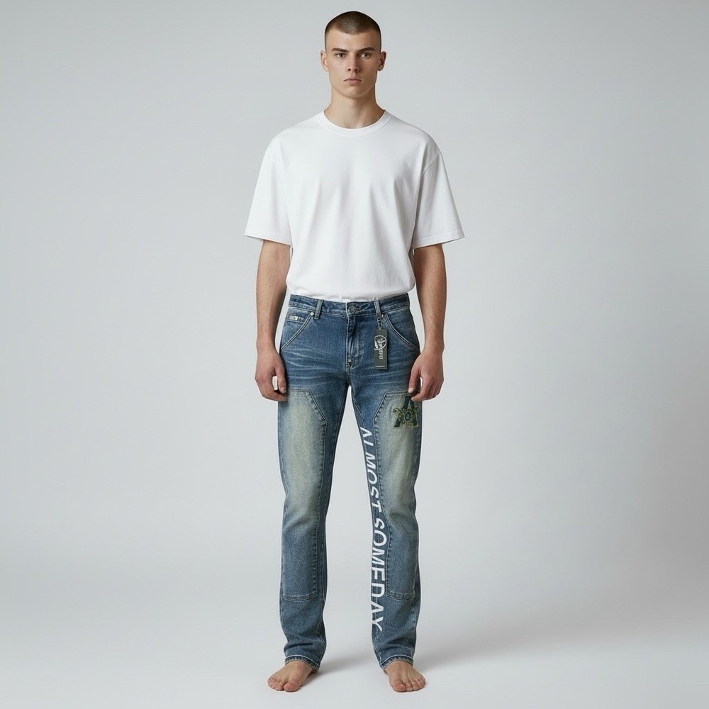 Almost Someday District Jeans Blue Wash Graphic Logo Denim Size 28